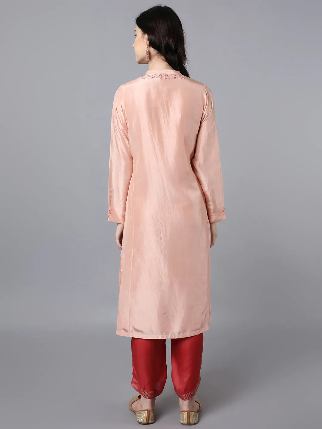 Cupro Silk Kurta with embroidery around placket paired with modal satin farshi