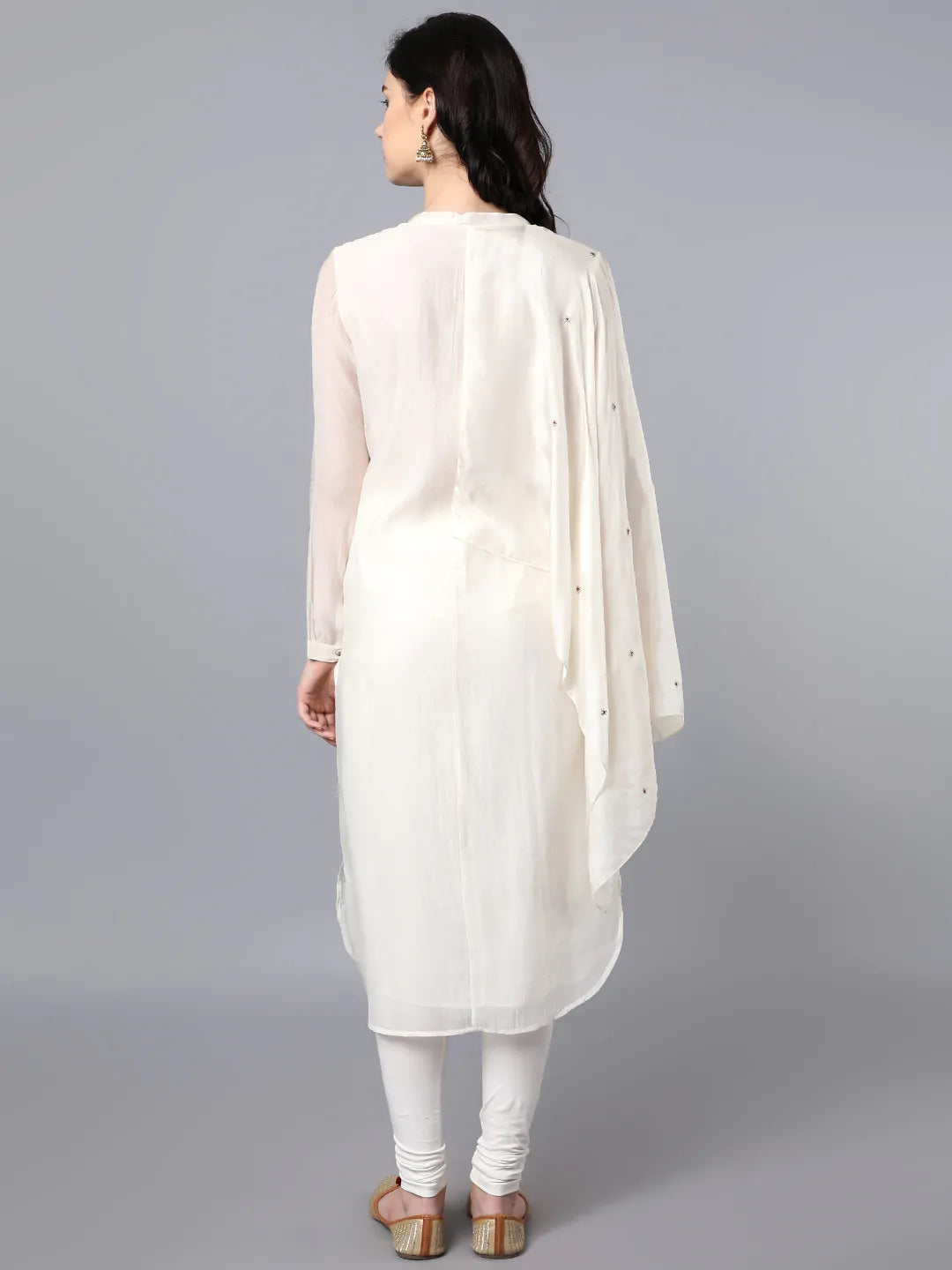 Chanderi kurta with 100% cupro silk drape. Paired with churidar