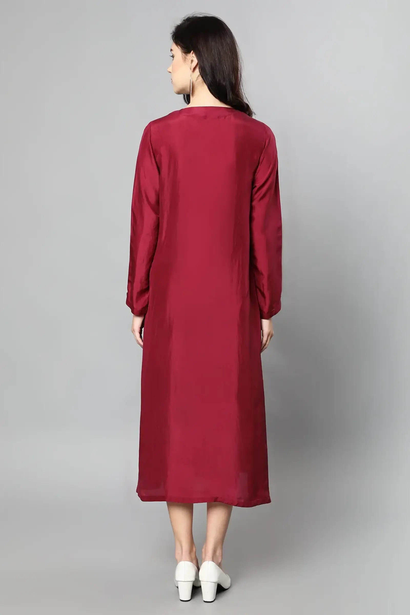 100%Cupro Silk Textured wine Dress with Floral embroidery on yoke and sleeves