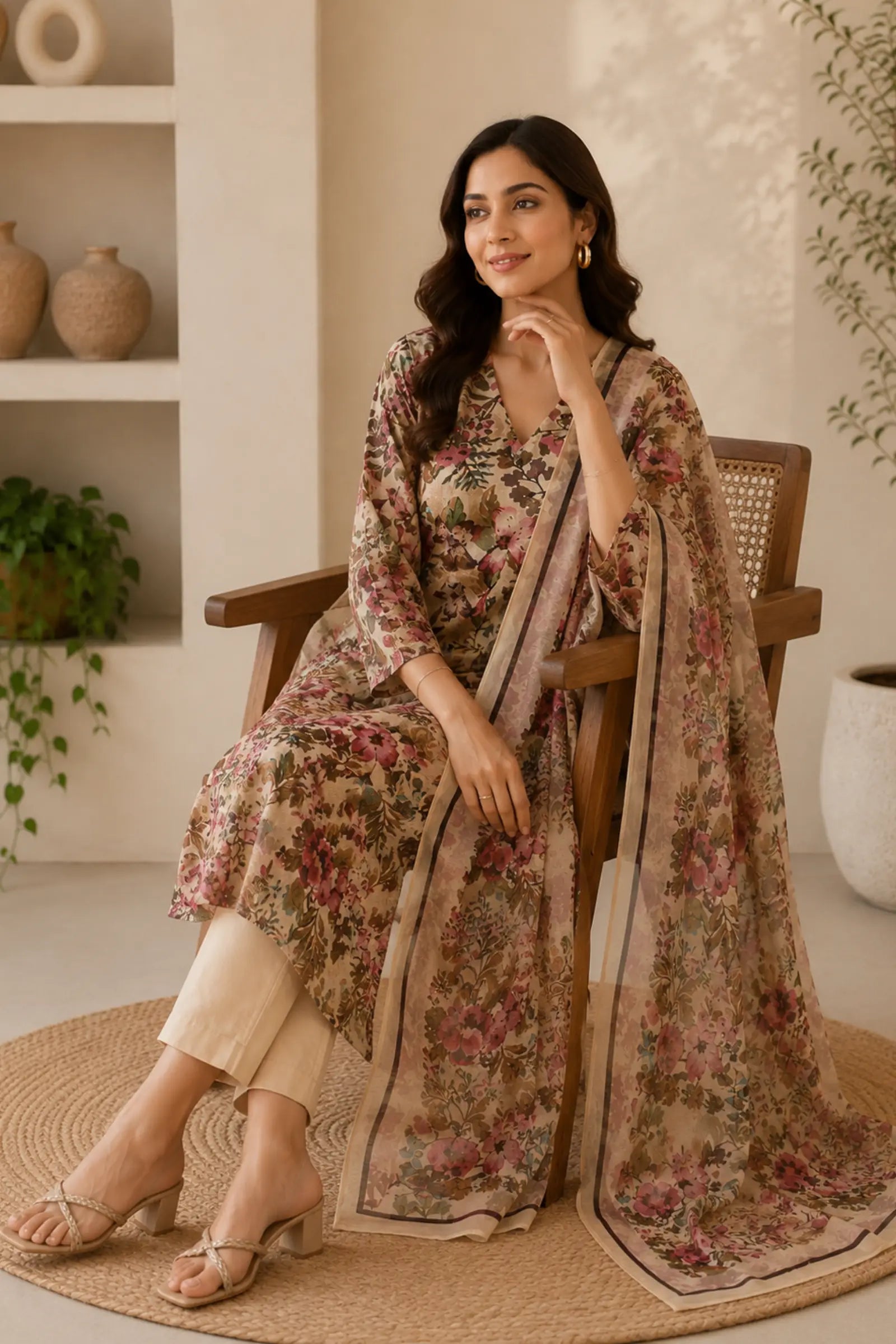 Ibhya Cotton Pink Floral Print Complete Suit Set