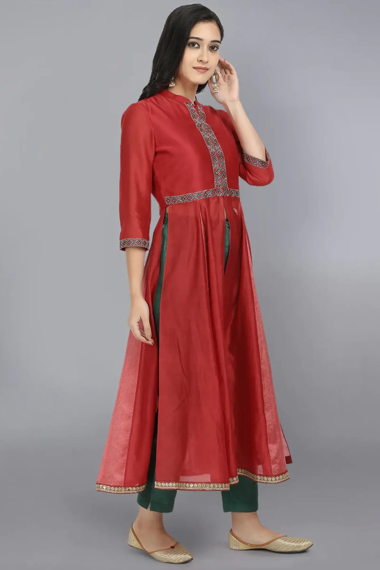 Red Embroidered jacket Kurta