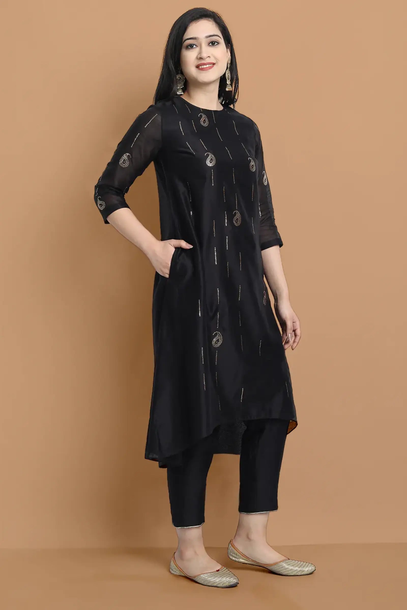 Yarn dyed cupro silk chanderi kurta highligted with mukaish hand work all over , paired with cotton trouser and zari chanderi net dupatta