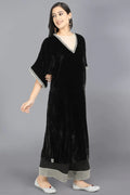 Velvet kurta with organza at neck with embroidery on sleeves and neck