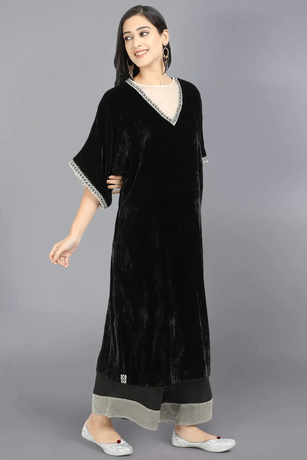 Velvet kurta with organza at neck with embroidery on sleeves and neck