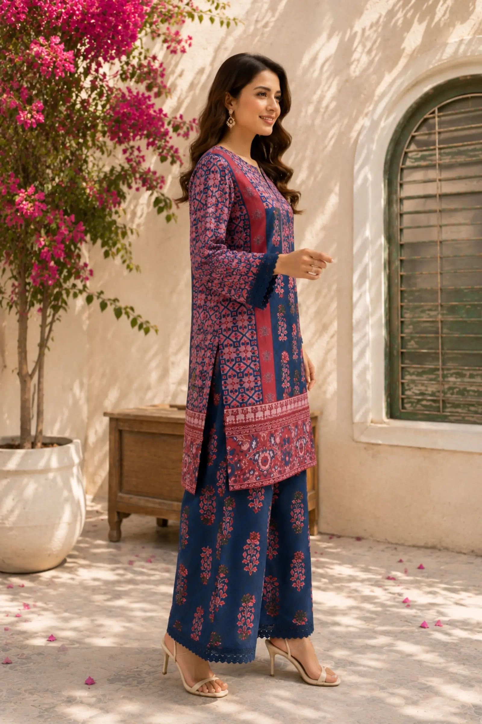 Nyla Cotton navy blue and rose pink ethnic floral print Co-ord Set