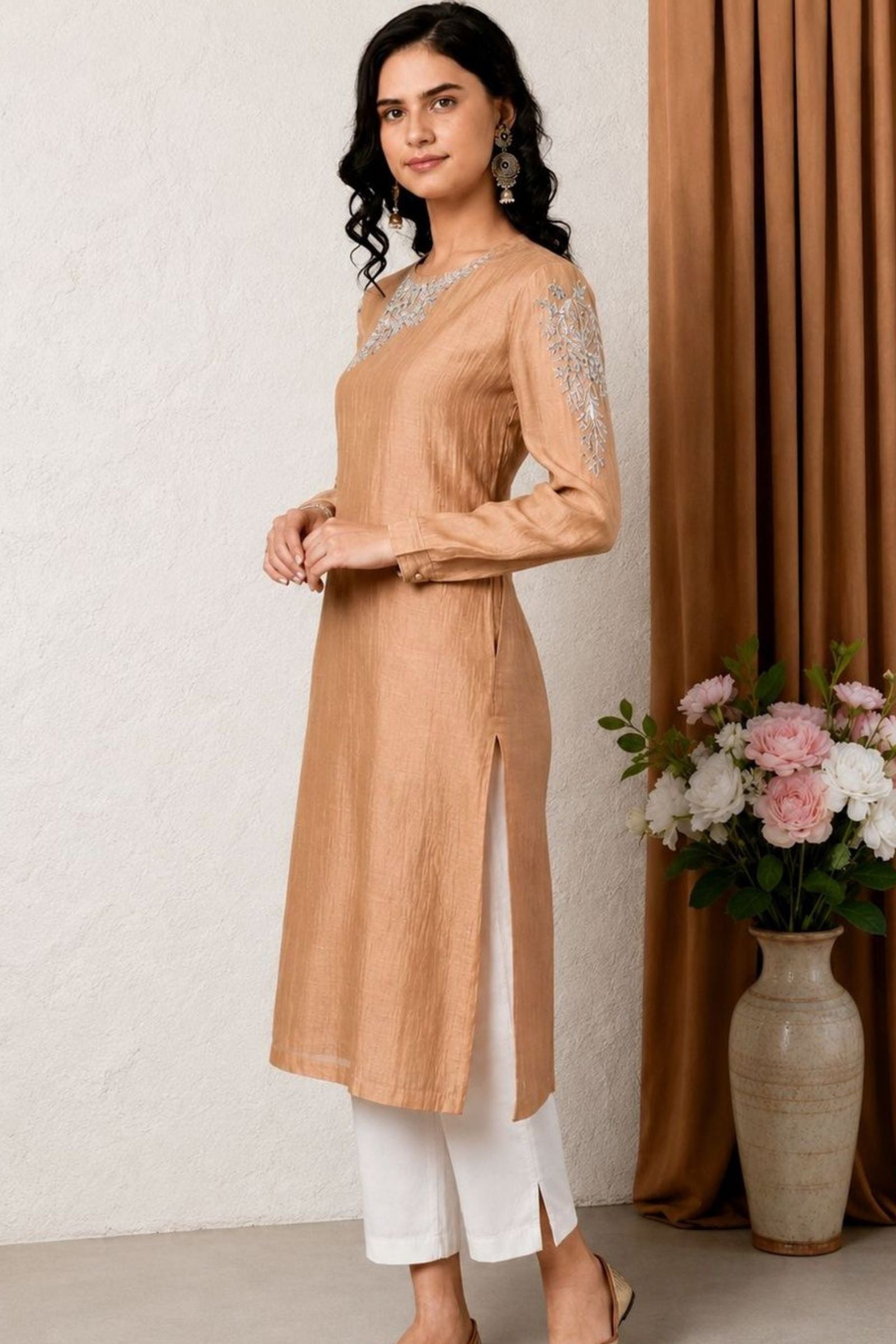 Chanderi kurta with resham and badla embroidery