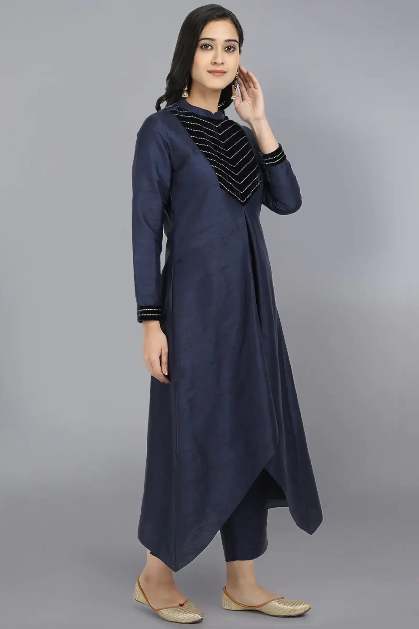 Embroidered Blue Dupion Silk Kurta