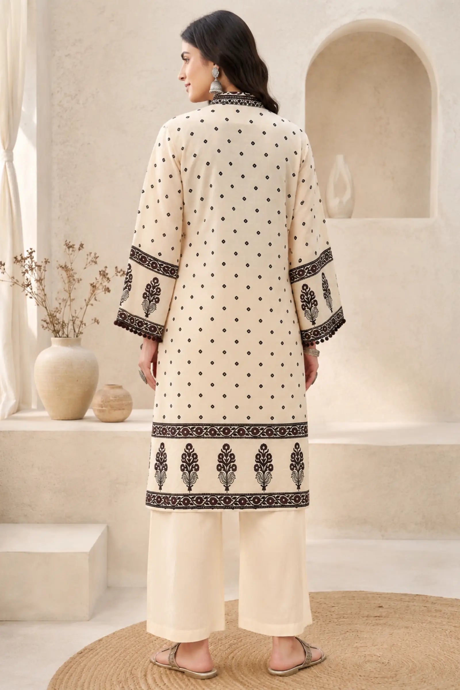 Hetvi Cotton Cream Base with Classic Black Ethnic Print Kurta Set