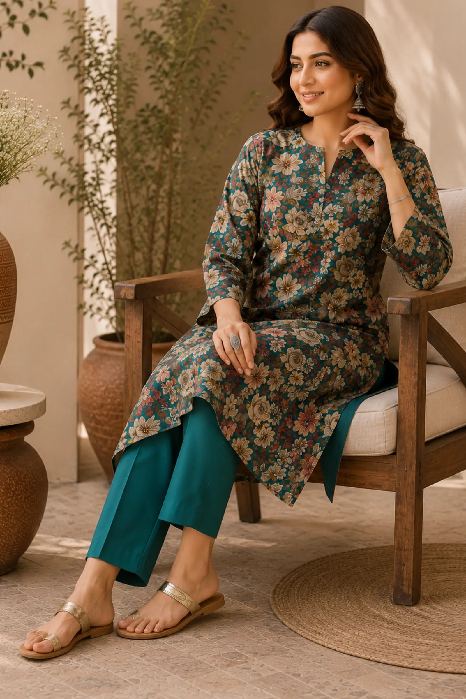 Ekiya Cotton Teal Blue Floral Print Kurta Set