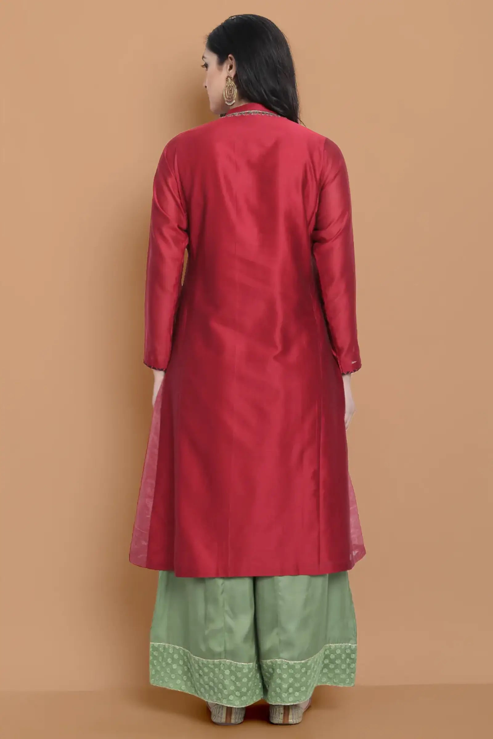 Hand embroidered silk chanderi kurta made on two tone chanderi , paired with modal satin wide farshi , highligted with hakoba lace