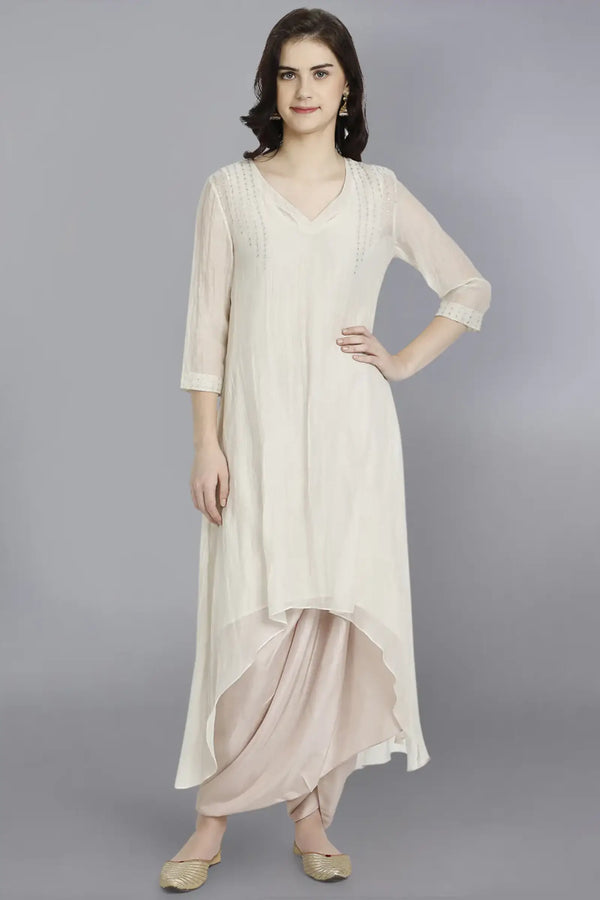 Mukesh Embroidery Ivory Chanderi Kurta And Dhoti