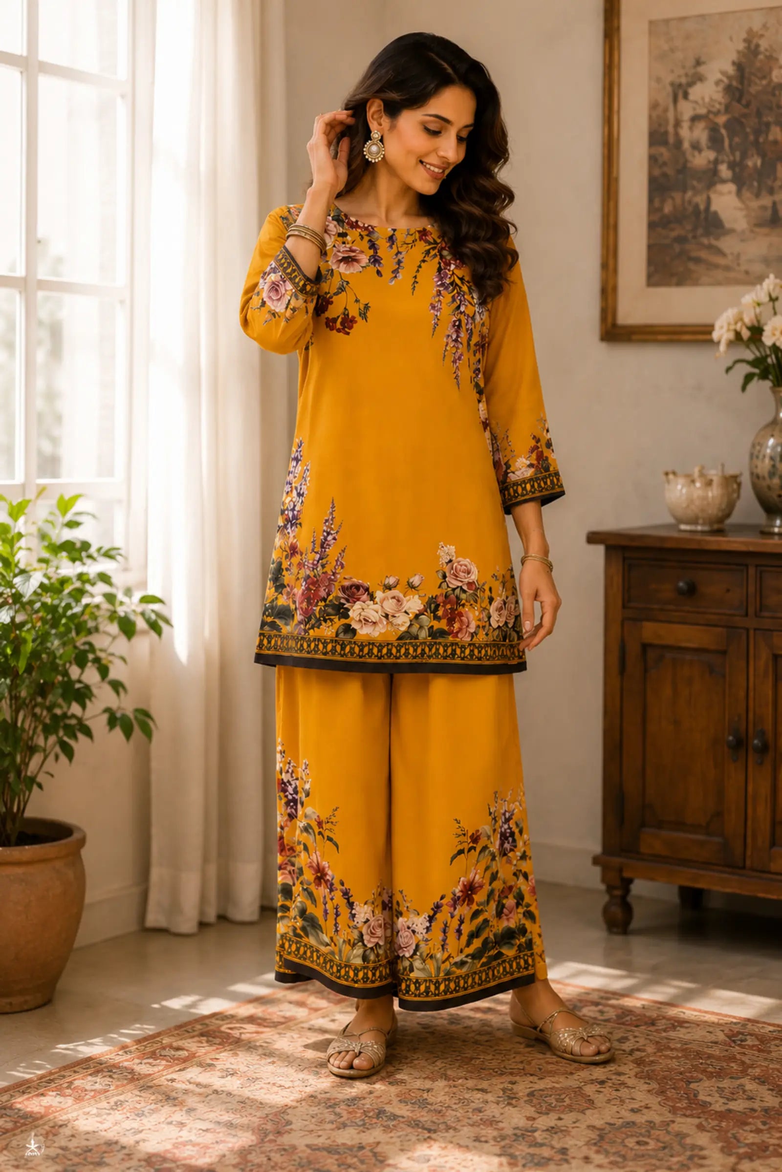 Navridhi Mustard Flower Print Co-Ord Set