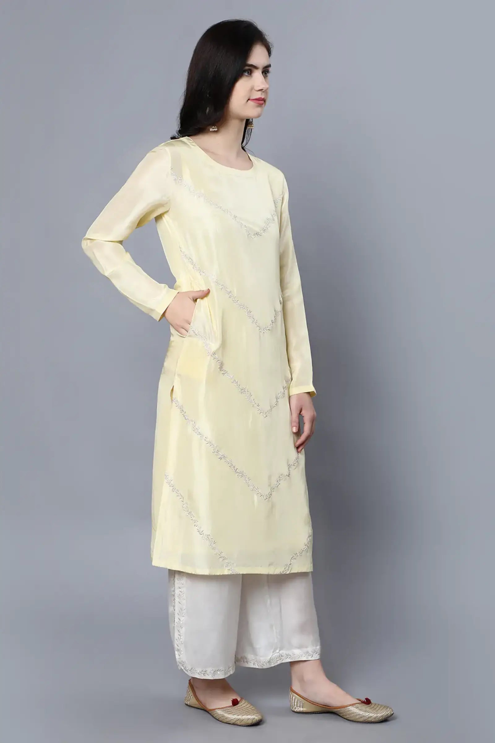 Cupro Silk Kurta with resham embroidery on front panel