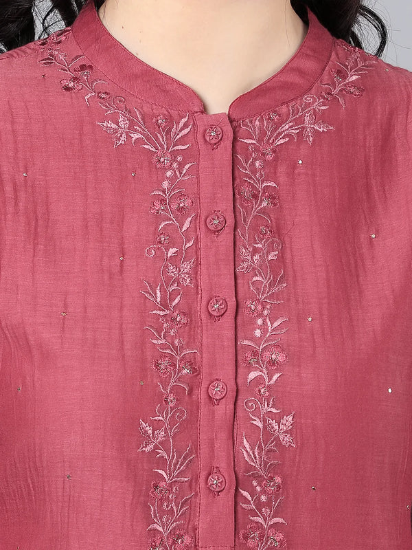 100%Cupro Silk Textured wine Dress with Floral embroidery on yoke and sleeves