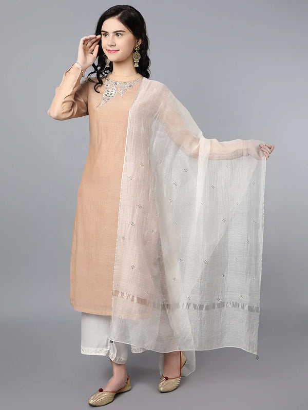 Chanderi kurta with resham and badla embroidery Paired with Ivory palazzo in modal satin