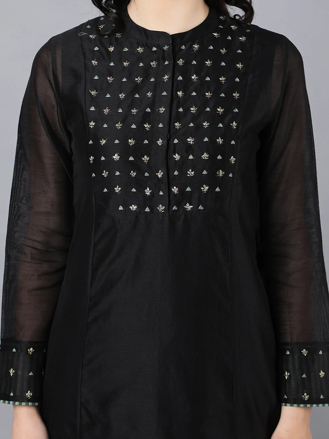 Chanderi kurta black with hand embroidery on yoke