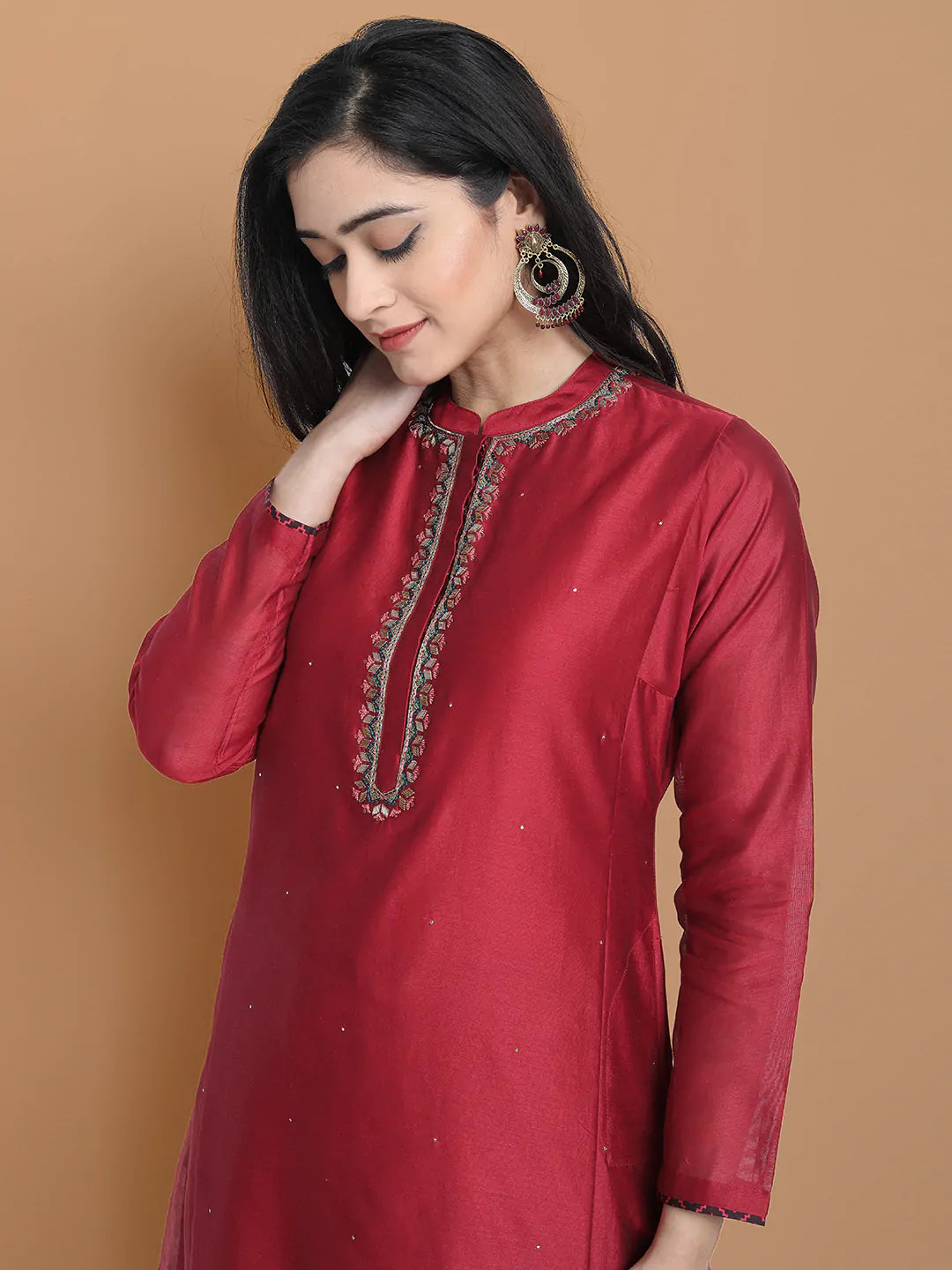 Hand embroidered silk chanderi kurta made on two tone chanderi , paired with modal satin wide farshi , highligted with hakoba lace