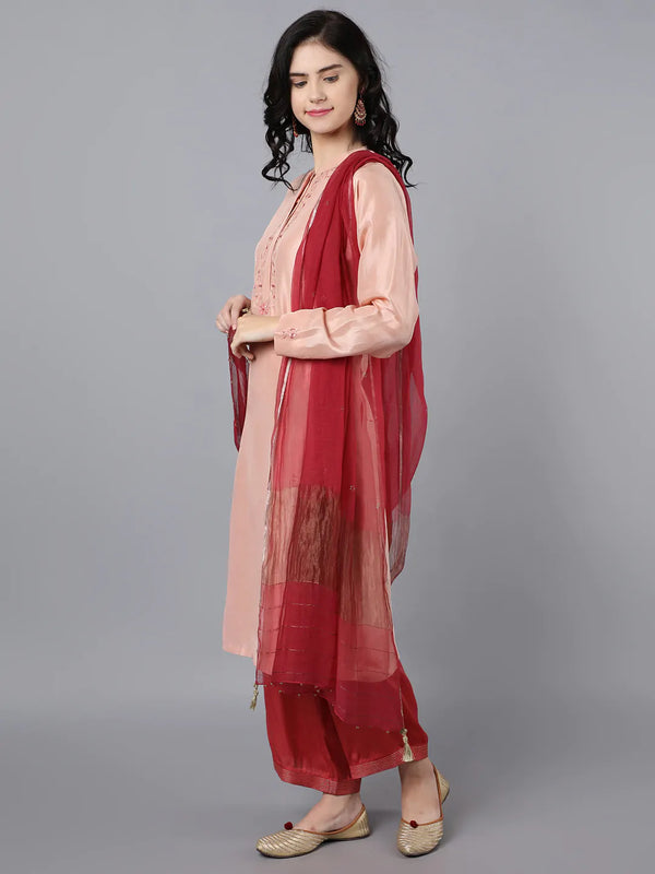 Cupro Silk Kurta with embroidery around placket paired with modal satin farshi