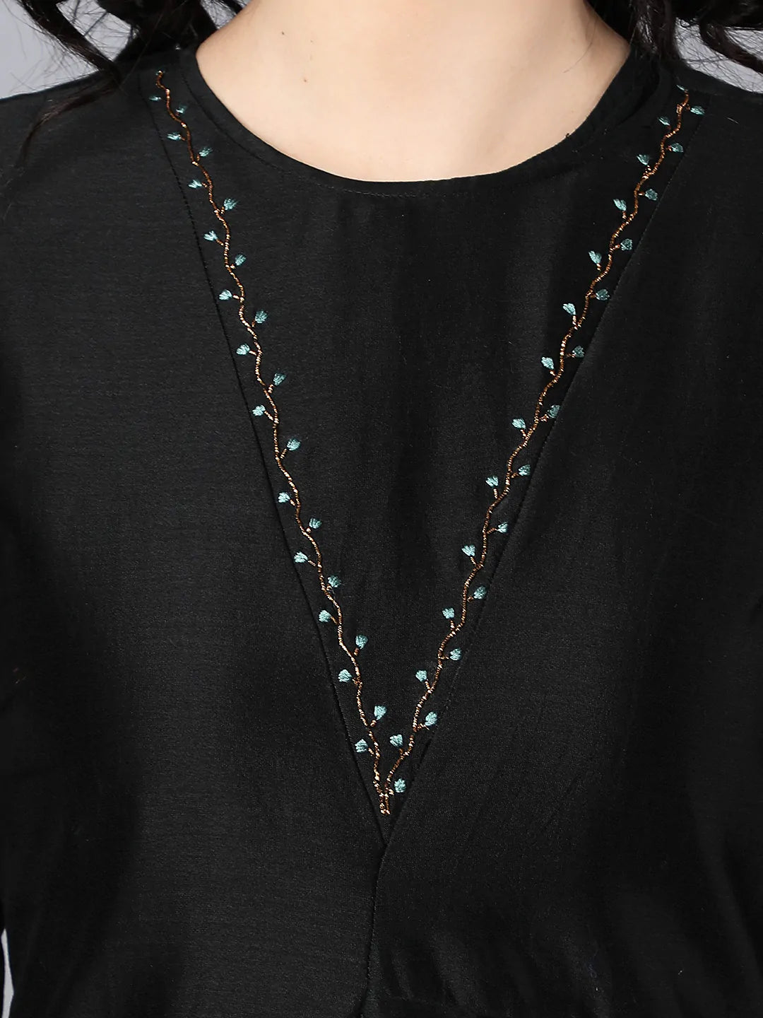 Chanderi Asymetric Kurta Black with hand embroidery on neck