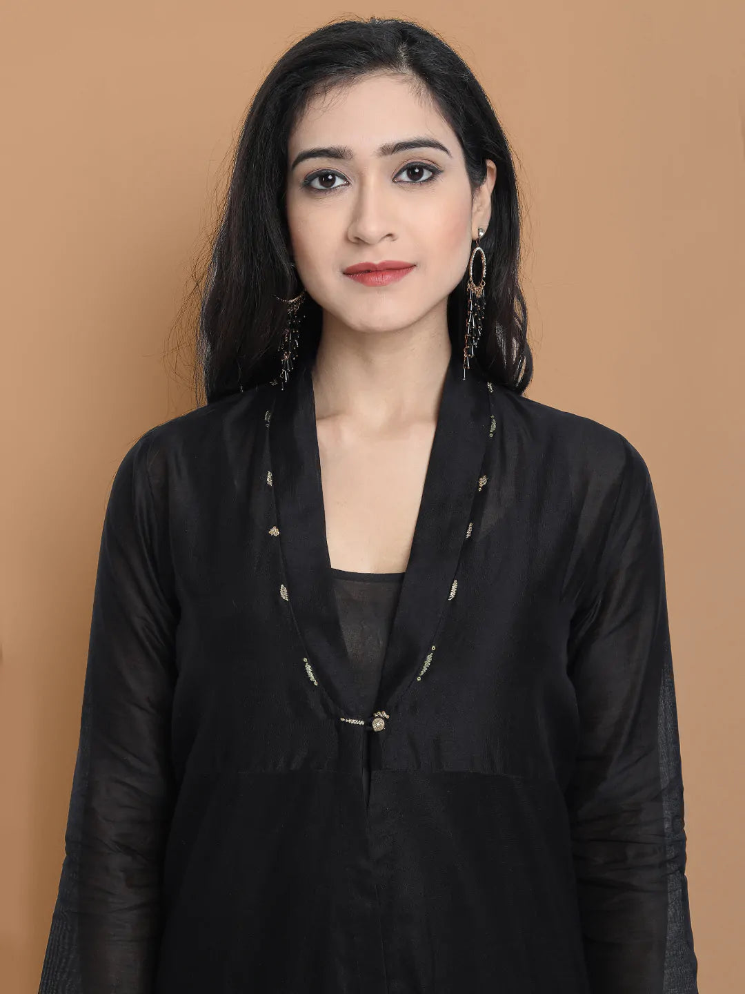 Hand and Machine embroidered front open kurta made on silk chanderi , paired with inner kurta and wide farshi in modal satin