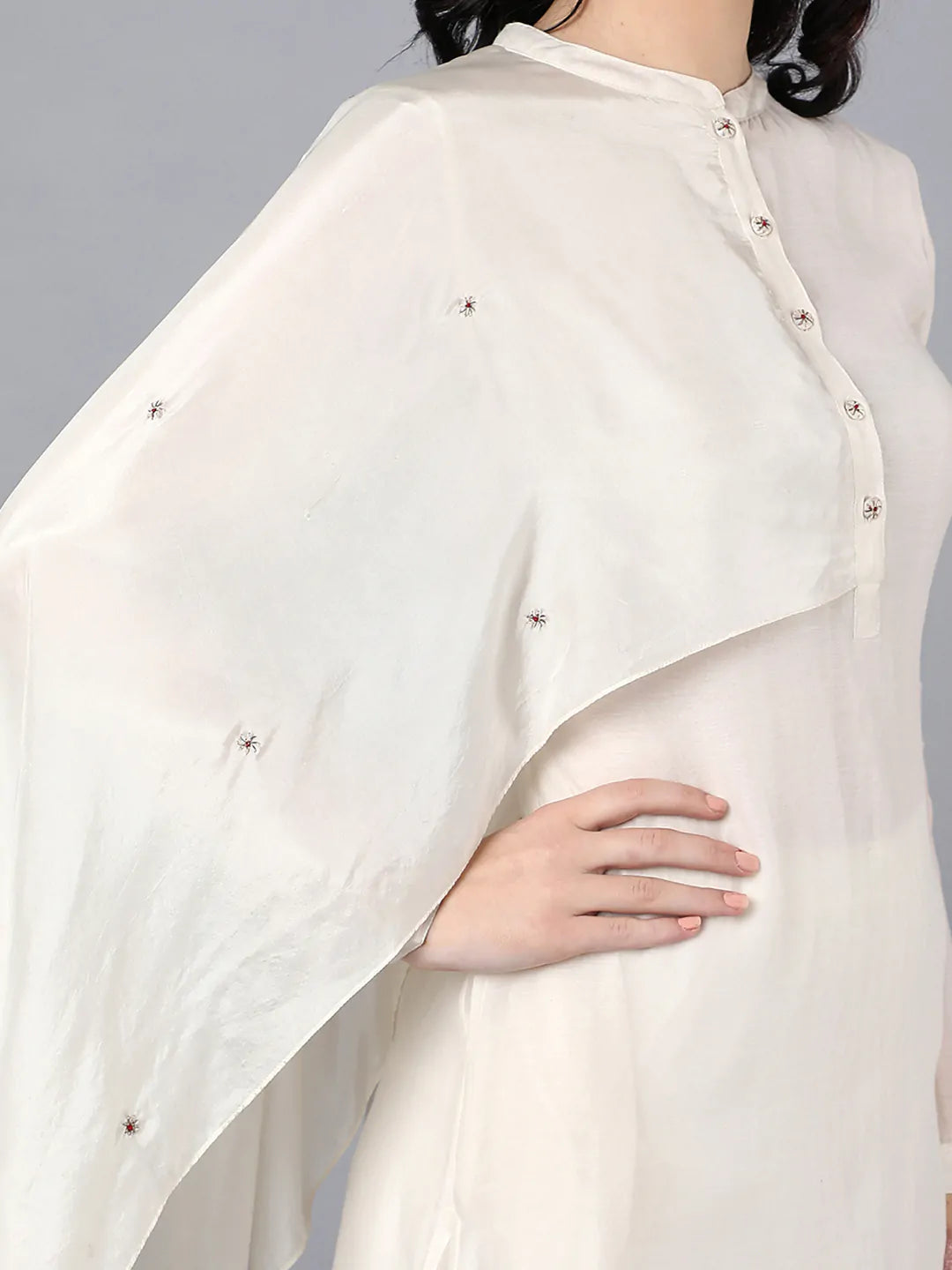 Chanderi kurta with 100% cupro silk drape. Paired with churidar