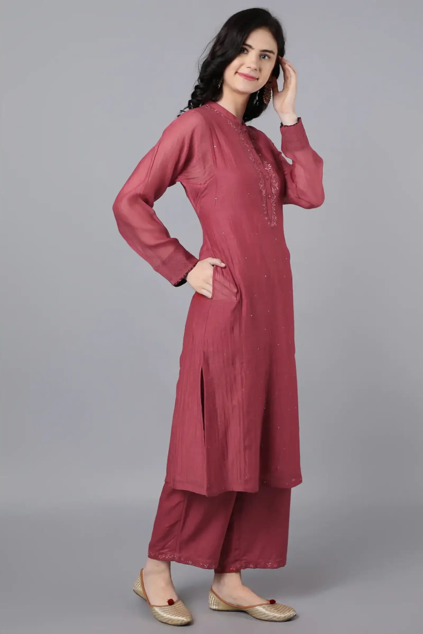 Chanderi kurta in brick red