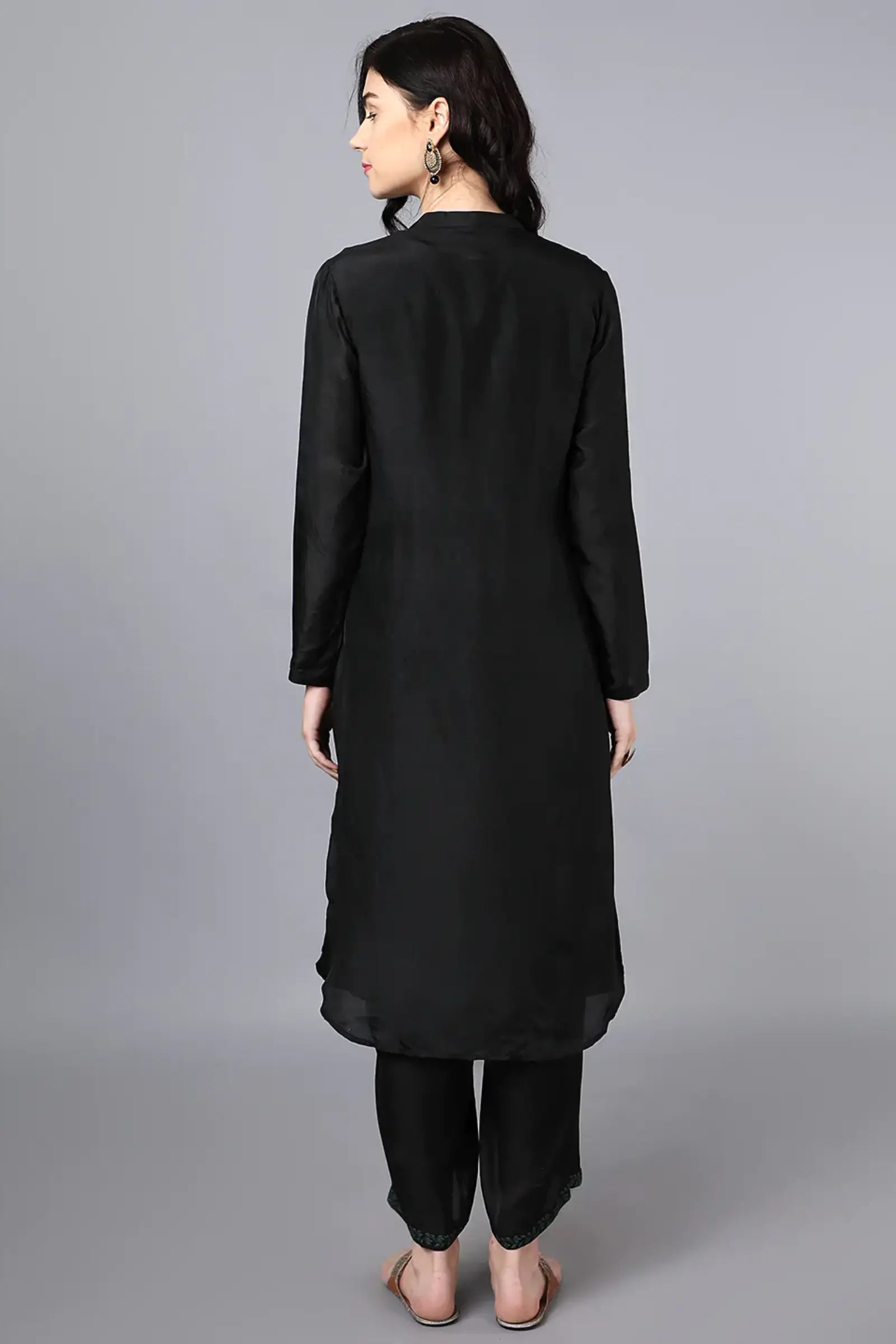 Chanderi kurta black with hand embroidery on yoke paired with black trouser