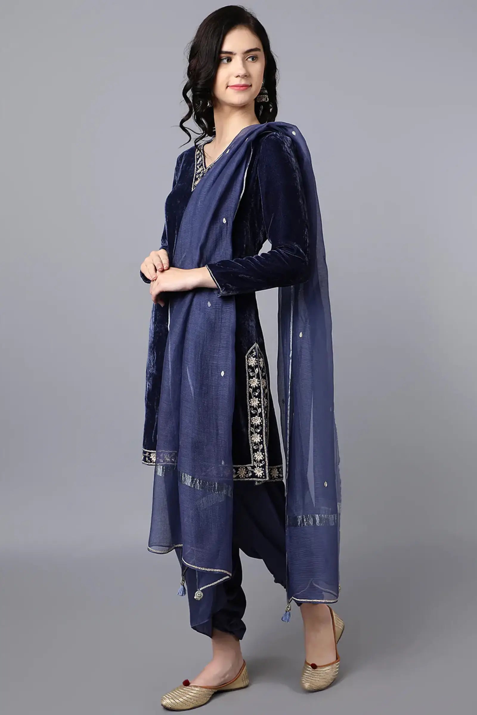Kurta-viscose velvet + Bottom-bamber satin + Dupatta-chanderi net