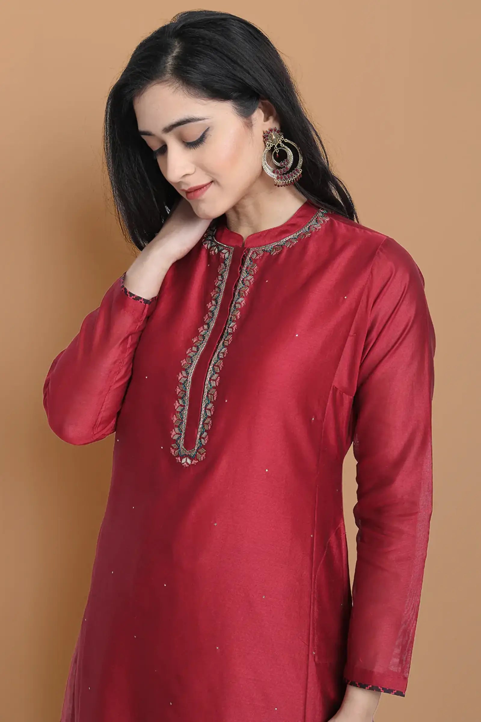 Hand embroidered silk chanderi kurta made on two tone chanderi , paired with modal satin wide farshi , highligted with hakoba lace