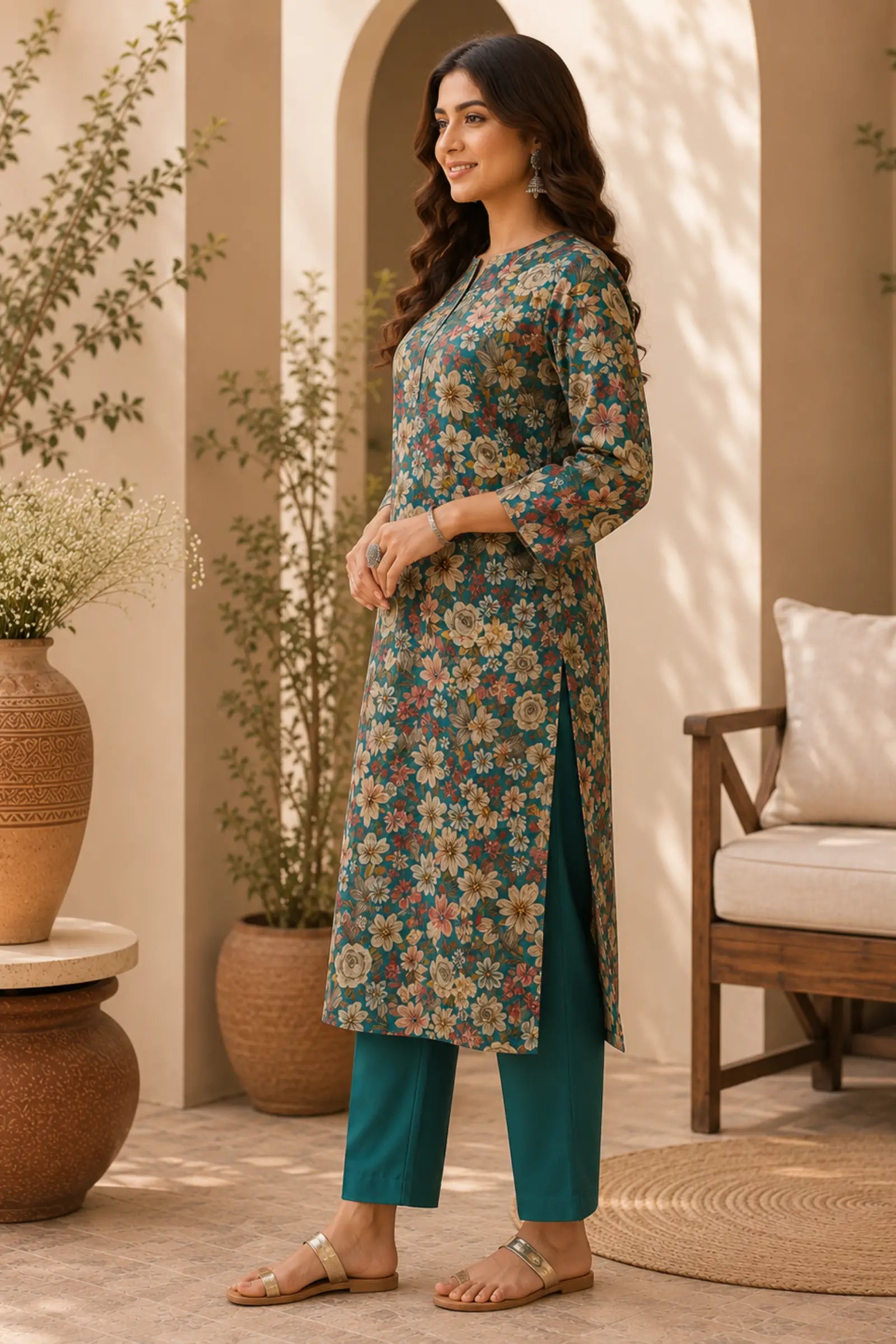 Ekiya Cotton Teal Blue Floral Print Kurta Set