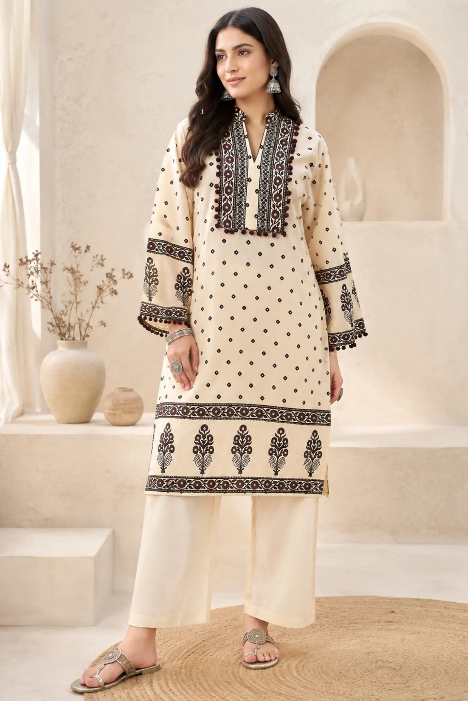 Hetvi Cotton Cream Base with Classic Black Ethnic Print Kurta Set