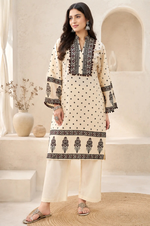 Hetvi Cotton Cream Base with Classic Black Ethnic Print Kurta Set