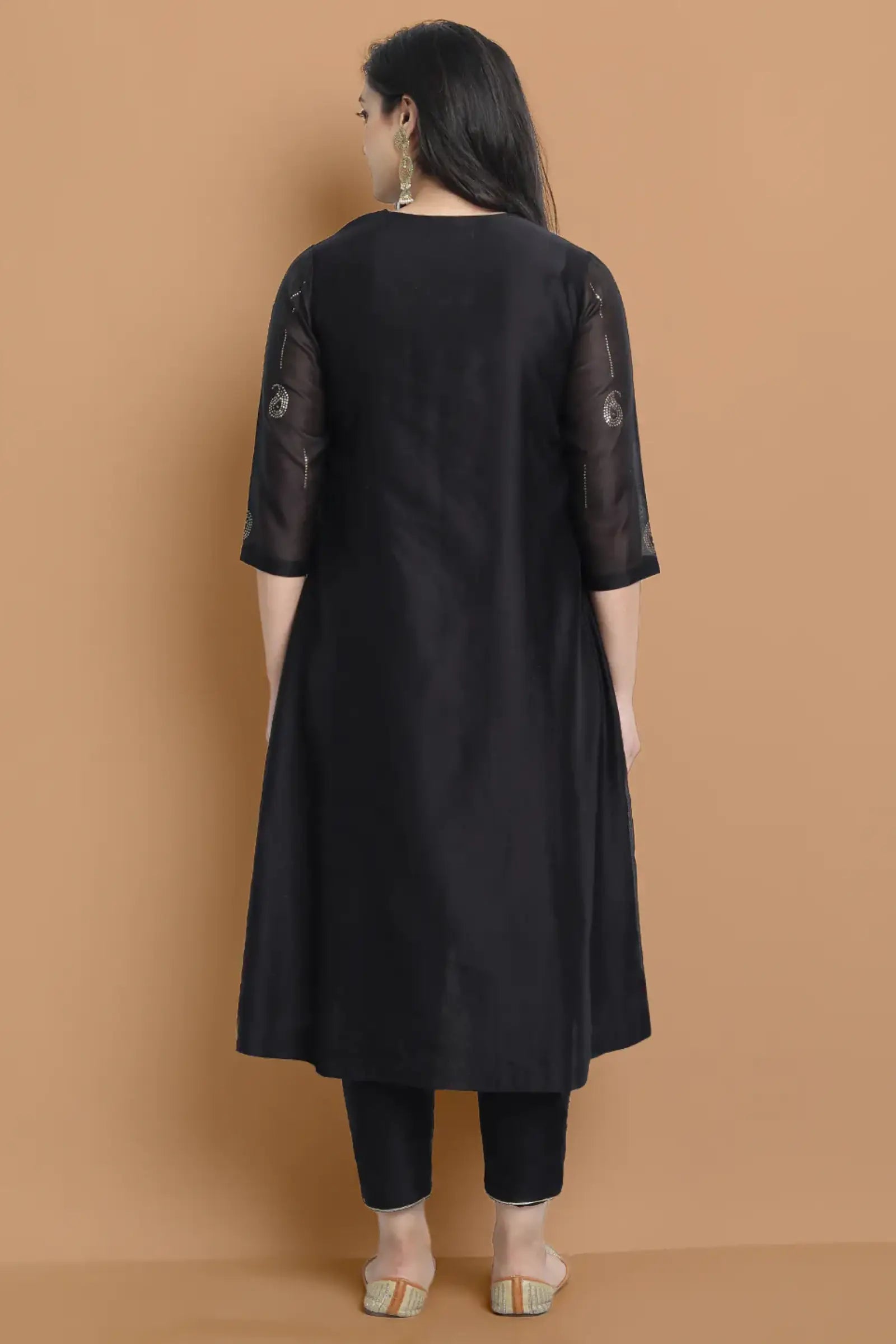 Yarn dyed cupro silk chanderi kurta highligted with mukaish hand work all over , paired with cotton trouser and zari chanderi net dupatta