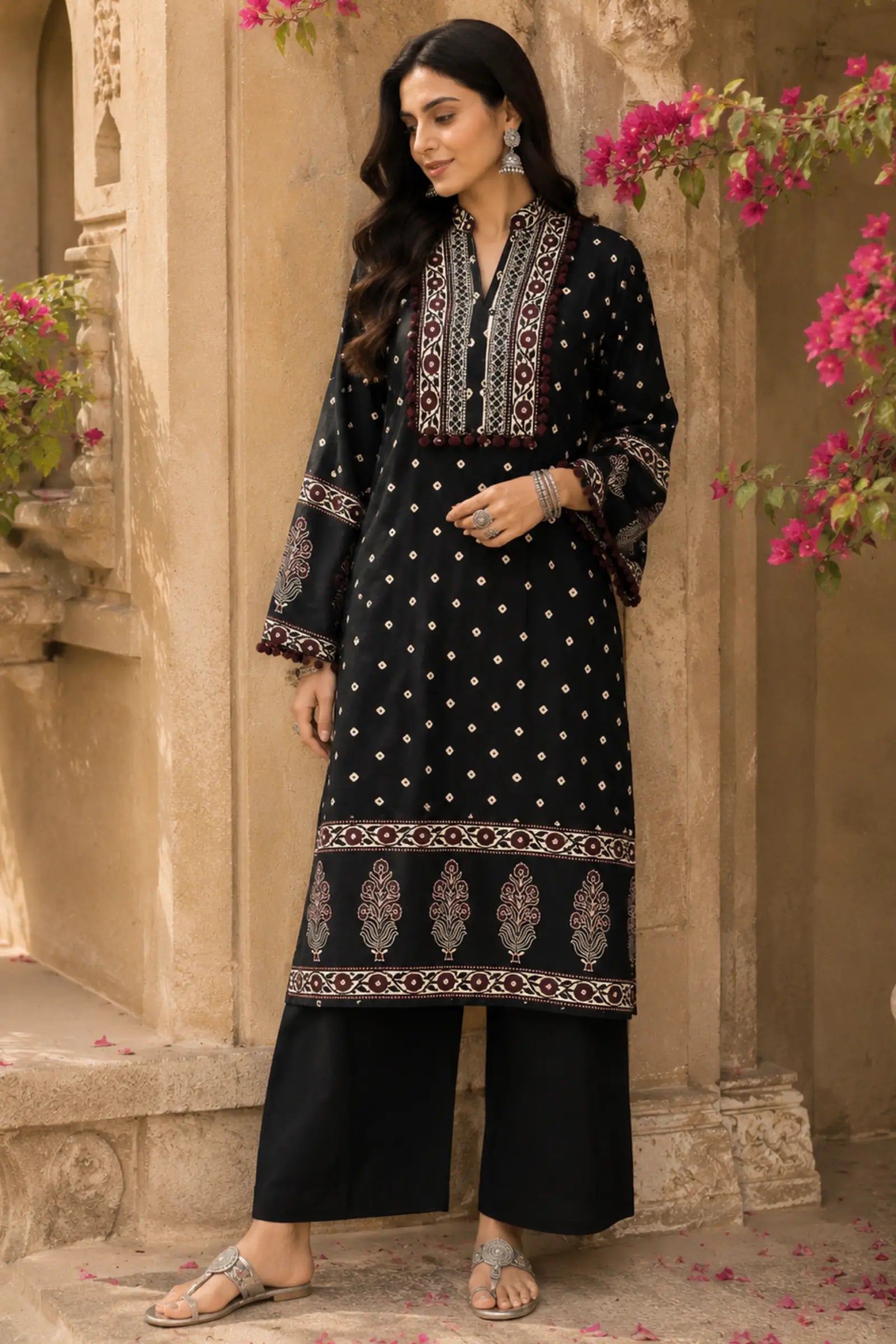 Yukti Cotton Cream Base with Classic Black Ethnic Print Kurta Set