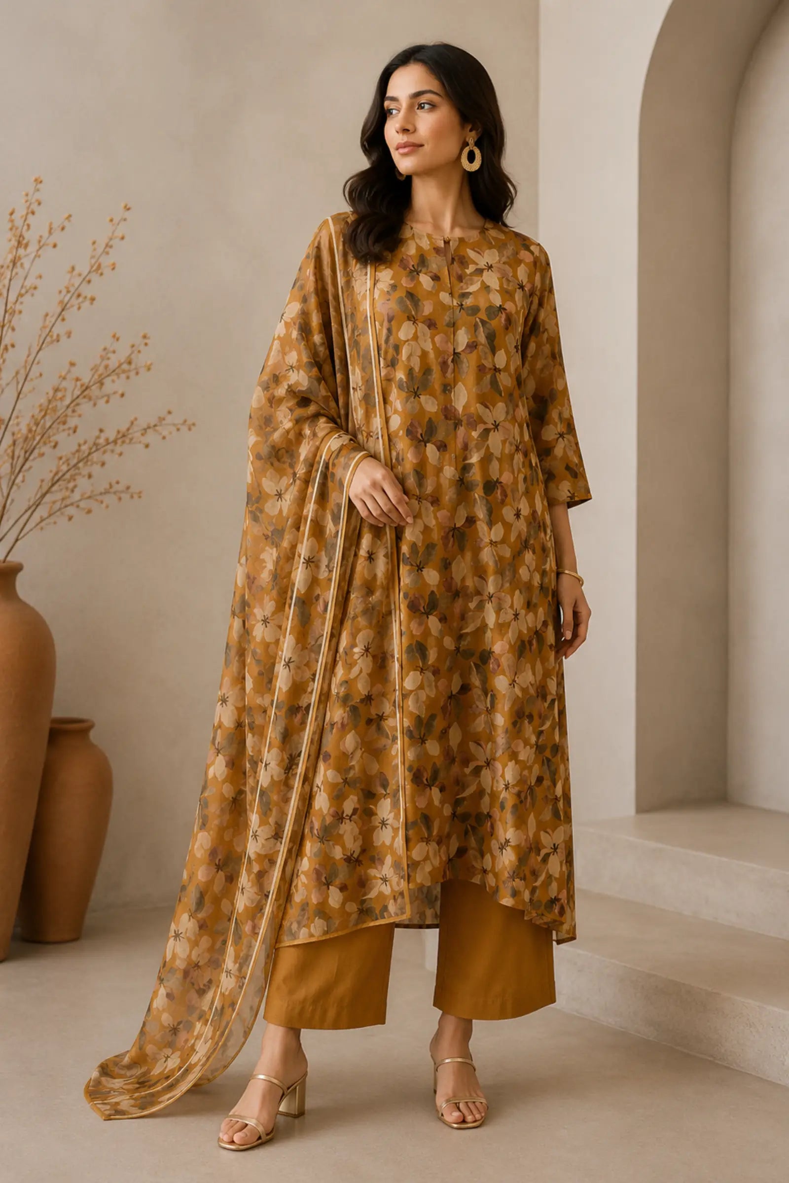 Anuja Cotton Mustard Floral Print Complete Suit Set