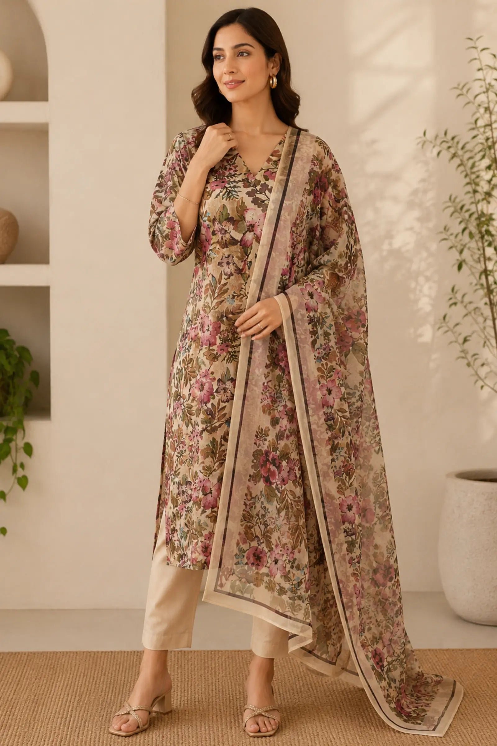 Ibhya Cotton Pink Floral Print Complete Suit Set