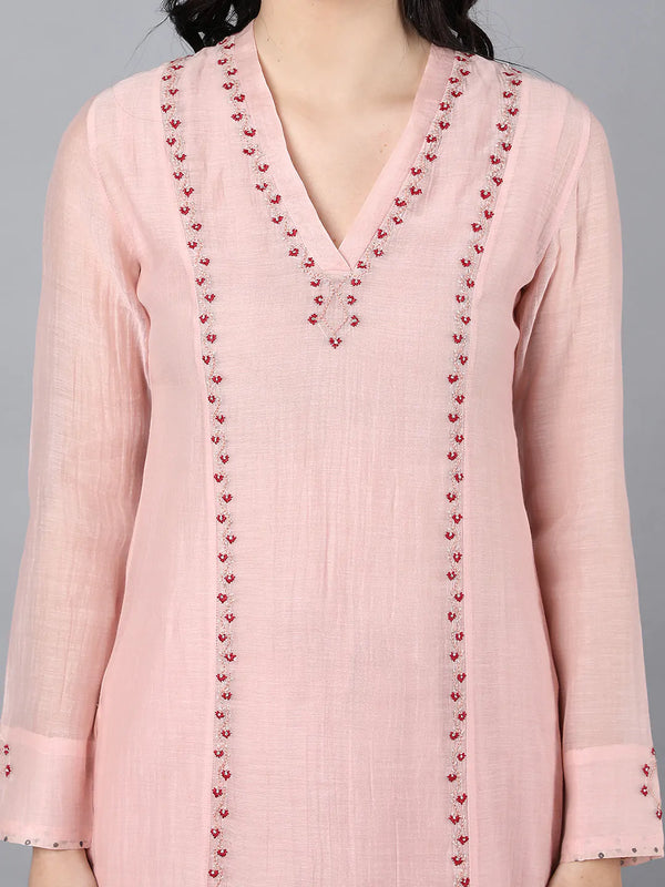 chanderi kurta with necklace type embroidery paired with matching farshi