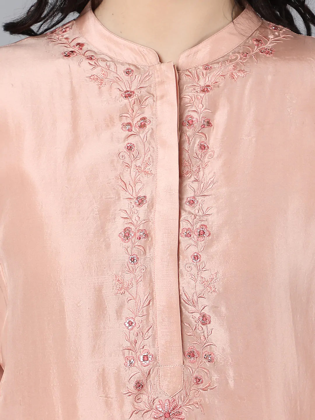100% Cupro Silk Kurta with embroidery around placket