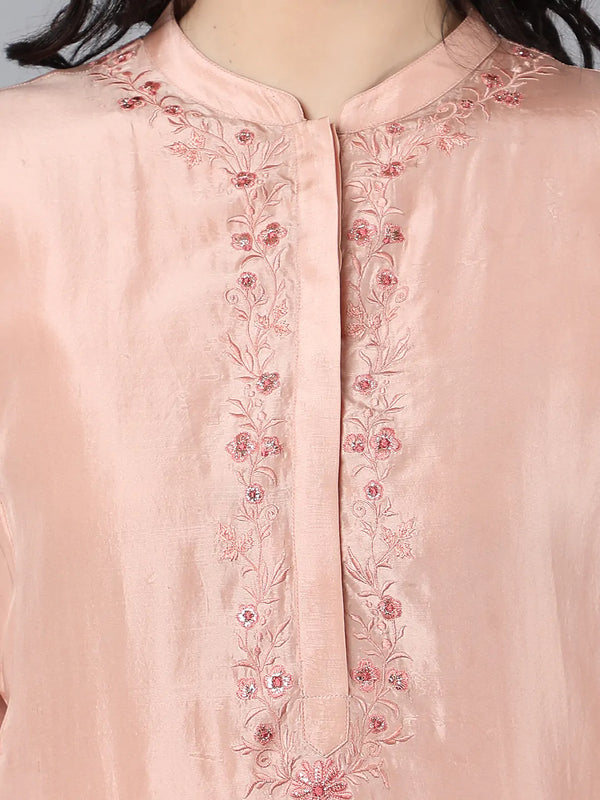 Cupro Silk Kurta with embroidery around placket paired with modal satin farshi