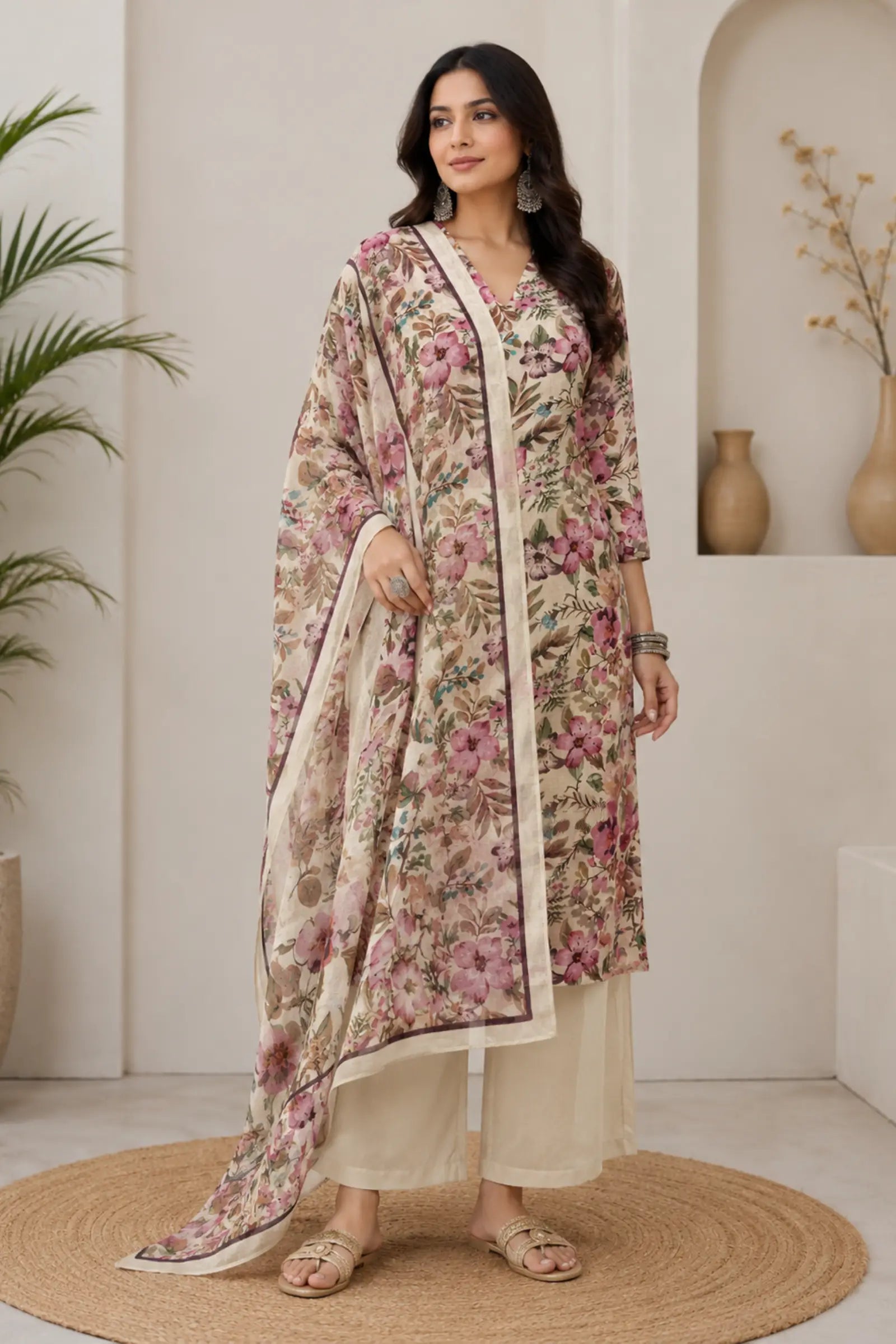 Ibhya Cotton Pink Floral Print Complete Suit Set
