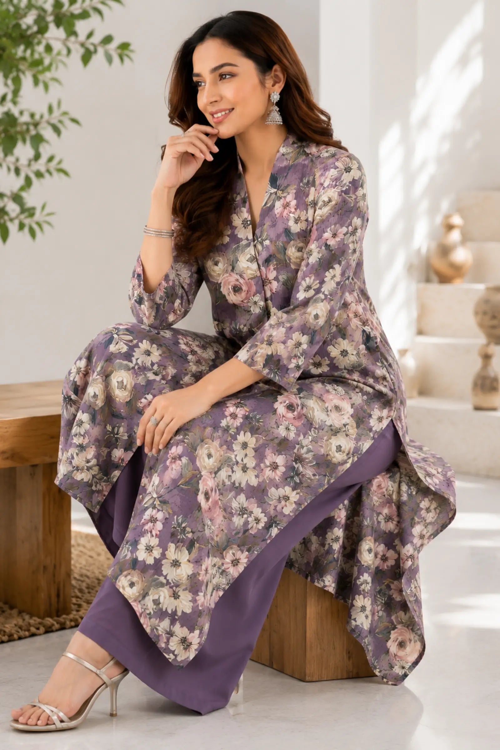 Darika Cotton Lavender Floral Print Kurta Set