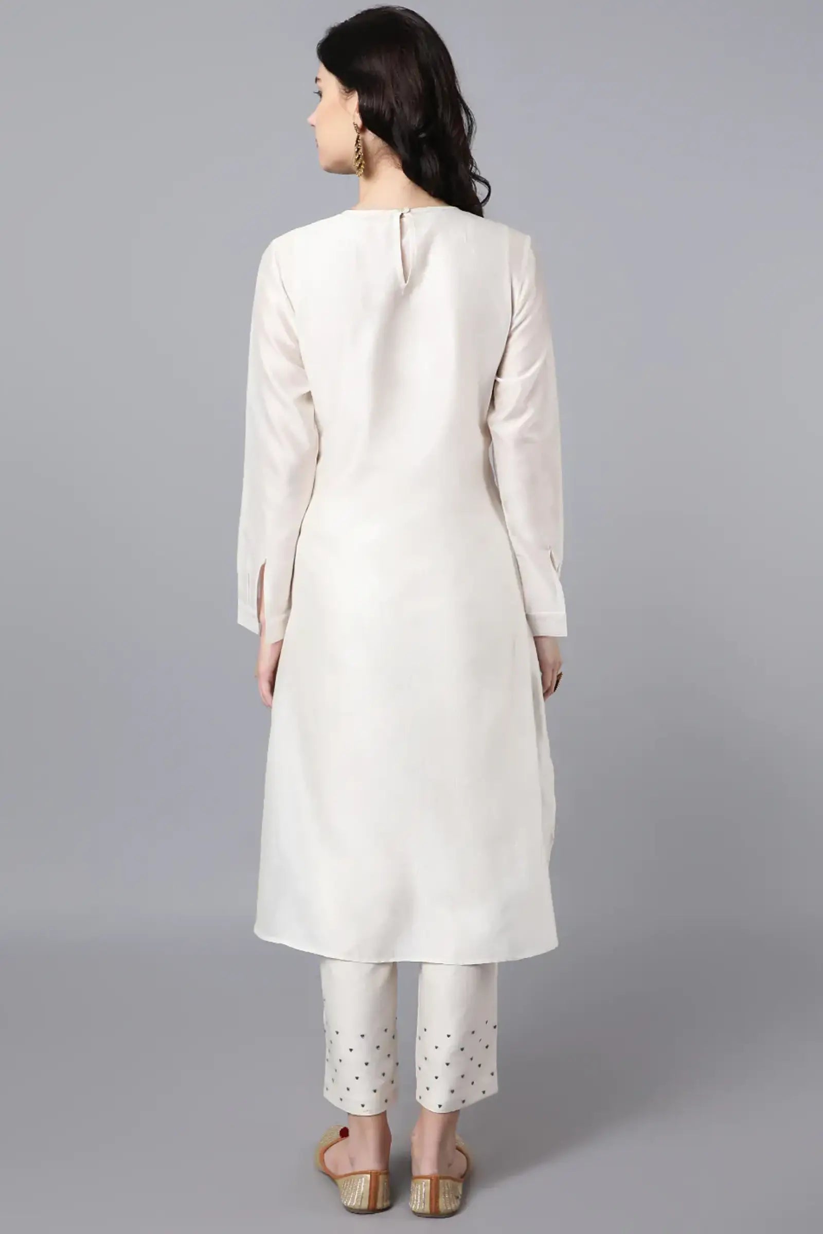 Chanderi Asymetric Kurta Ivory with hand embroidery on neck