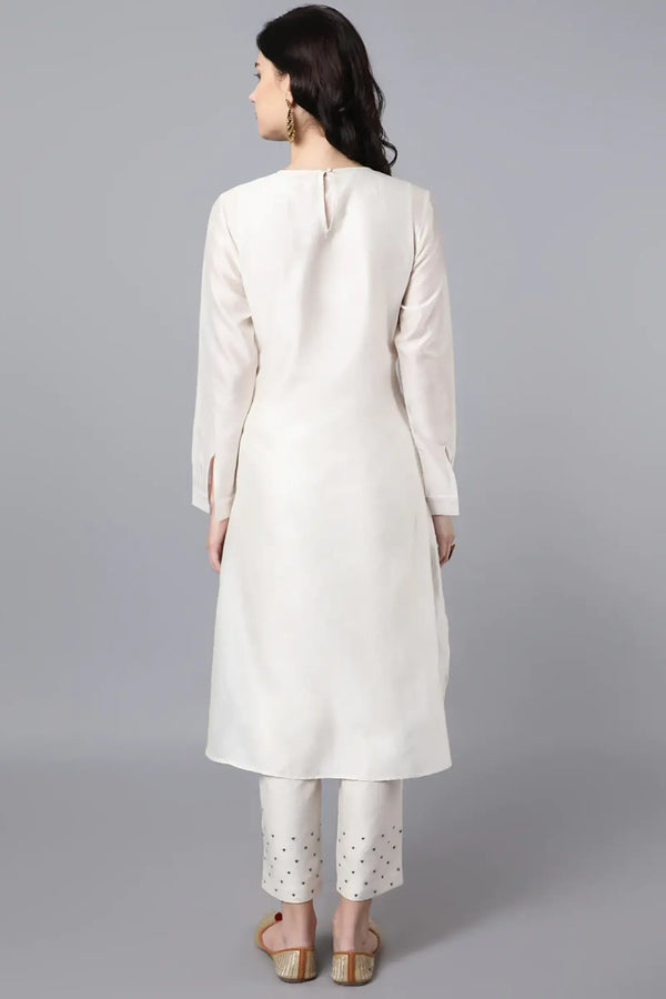 Chanderi Asymetric Kurta Ivory with hand embroidery on neck