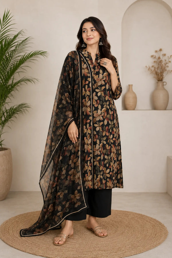 Harshi Cotton Black Floral Print Complete Suit Set