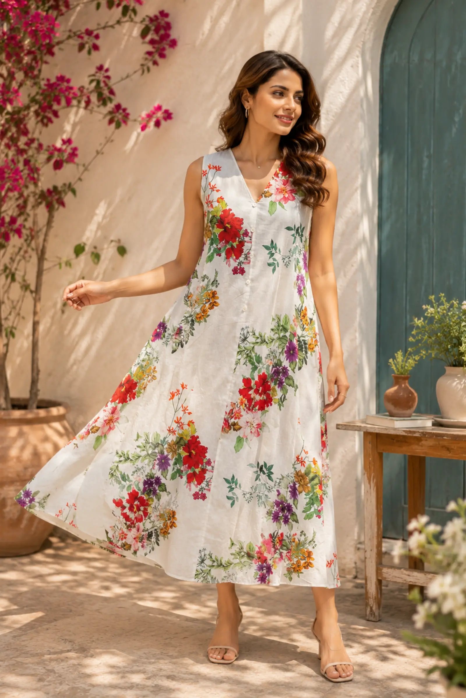 Sanchi Cotton White A Line Dress