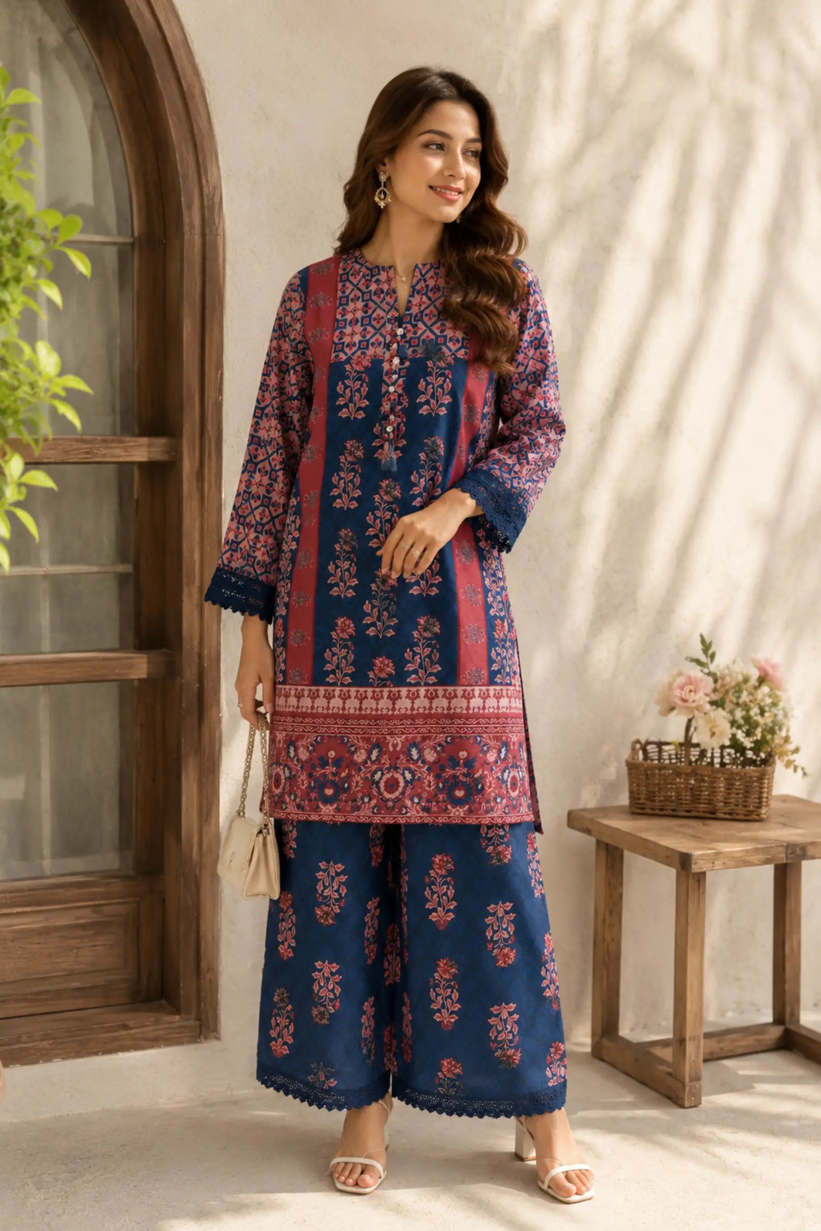 Nyla Cotton navy blue and rose pink ethnic floral print Co-ord Set