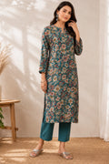 Ekiya Cotton Teal Blue Floral Print Kurta Set