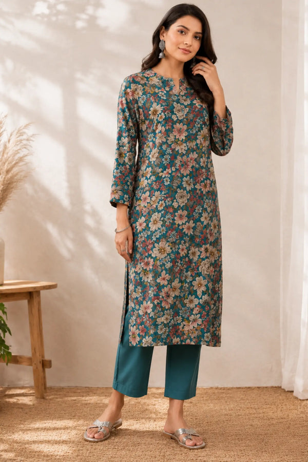 Ekiya Cotton Teal Blue Floral Print Kurta Set