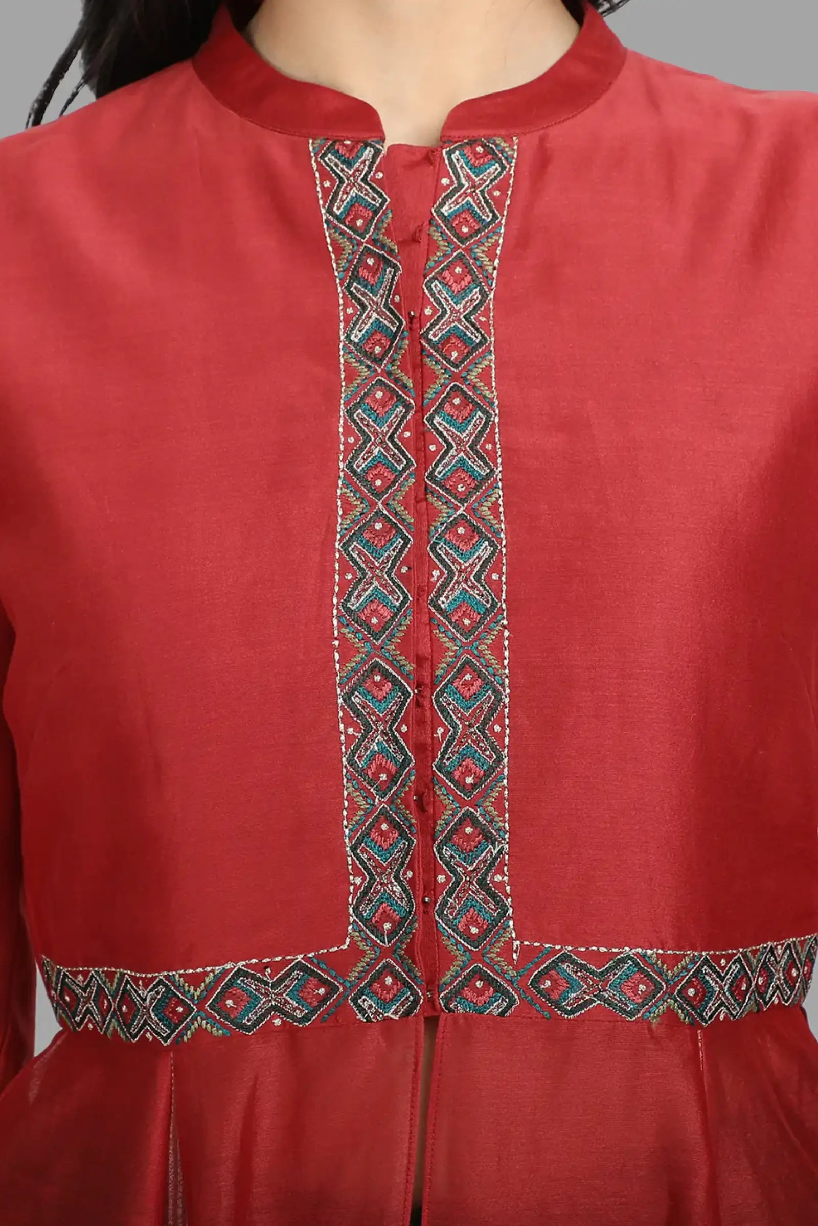 Red Embroidered jacket Kurta