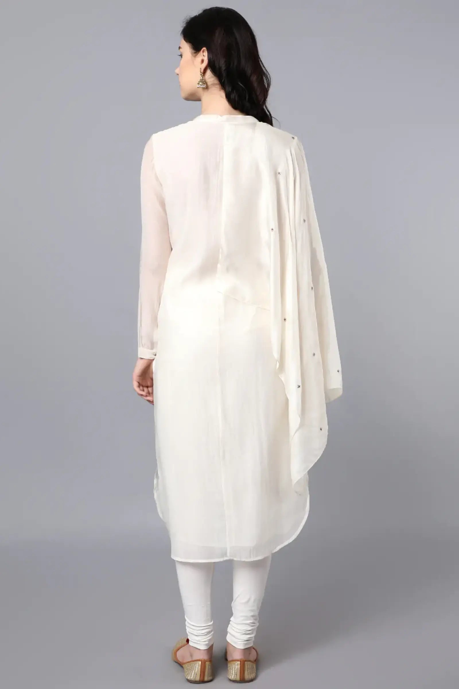 Chanderi kurta with 100% cupro silk drape. Paired with churidar